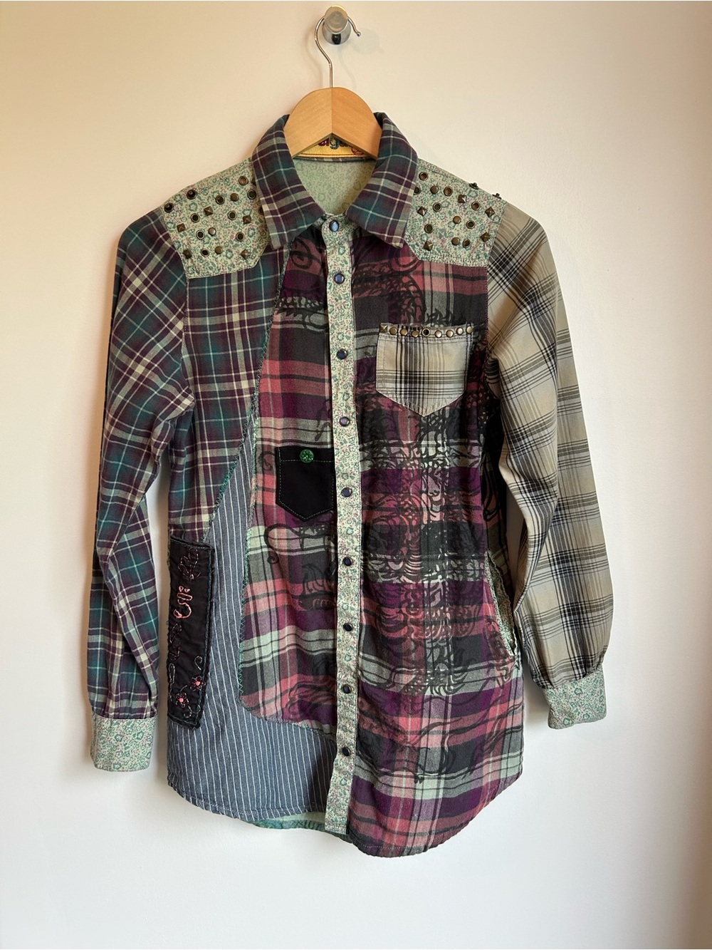Desigual Patchwork Plaid Long Sleeve Button Down Shirt Tunic Sz 38 S